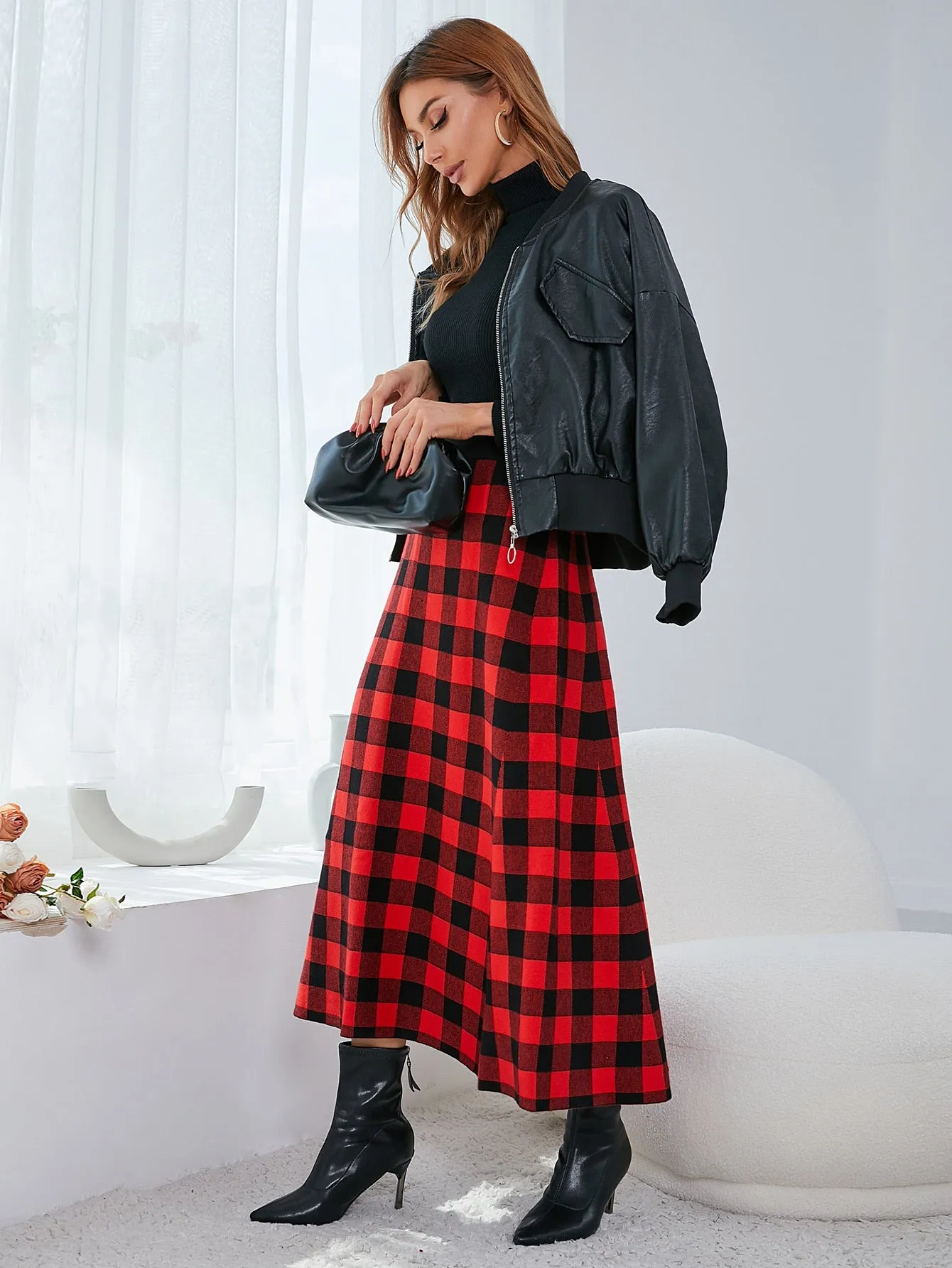 Plaid High Waist Long Women Sweater Skirt