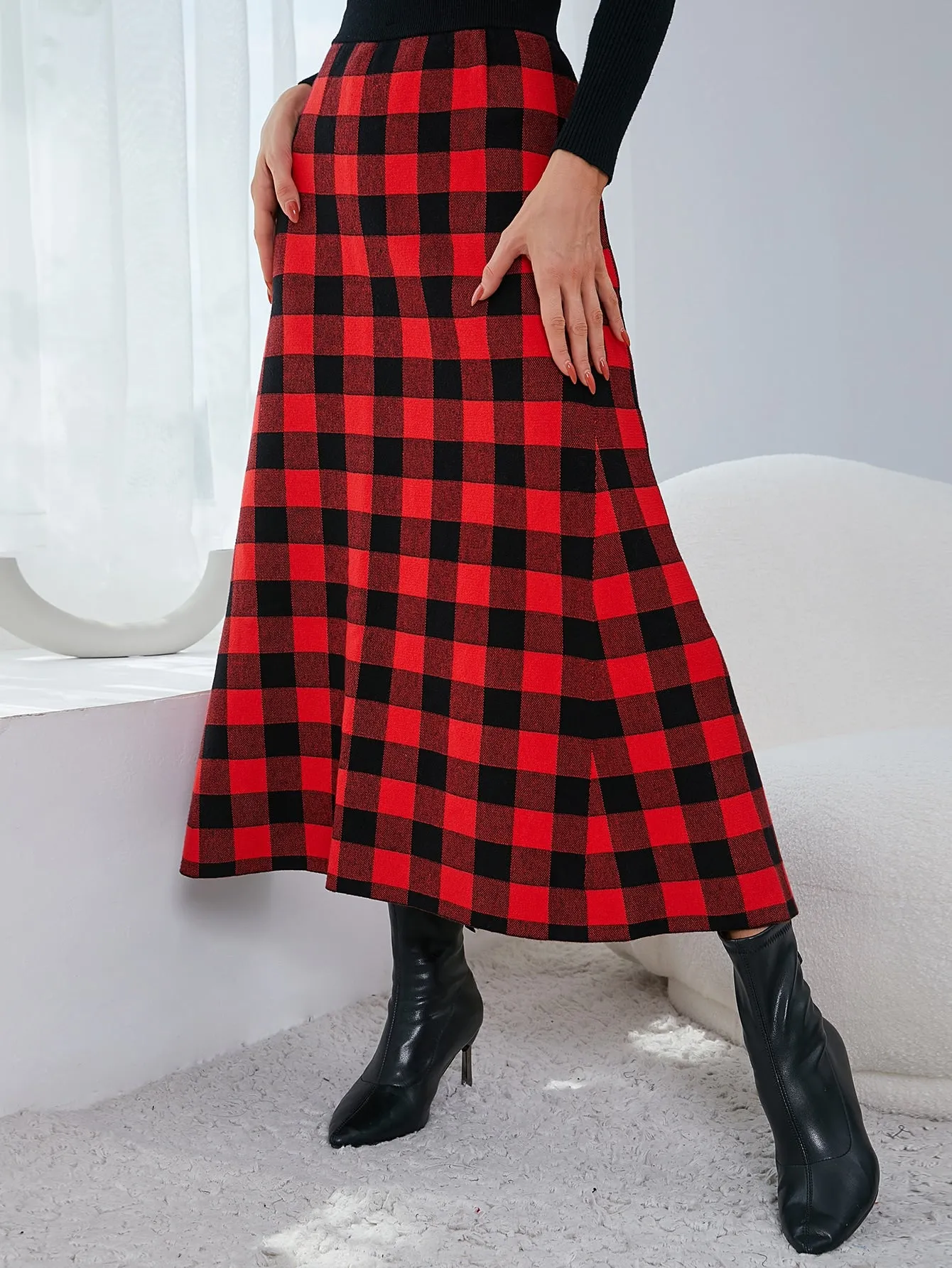 Plaid High Waist Long Women Sweater Skirt