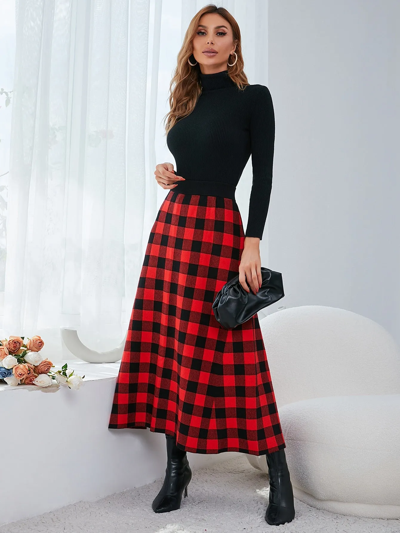 Plaid High Waist Long Women Sweater Skirt