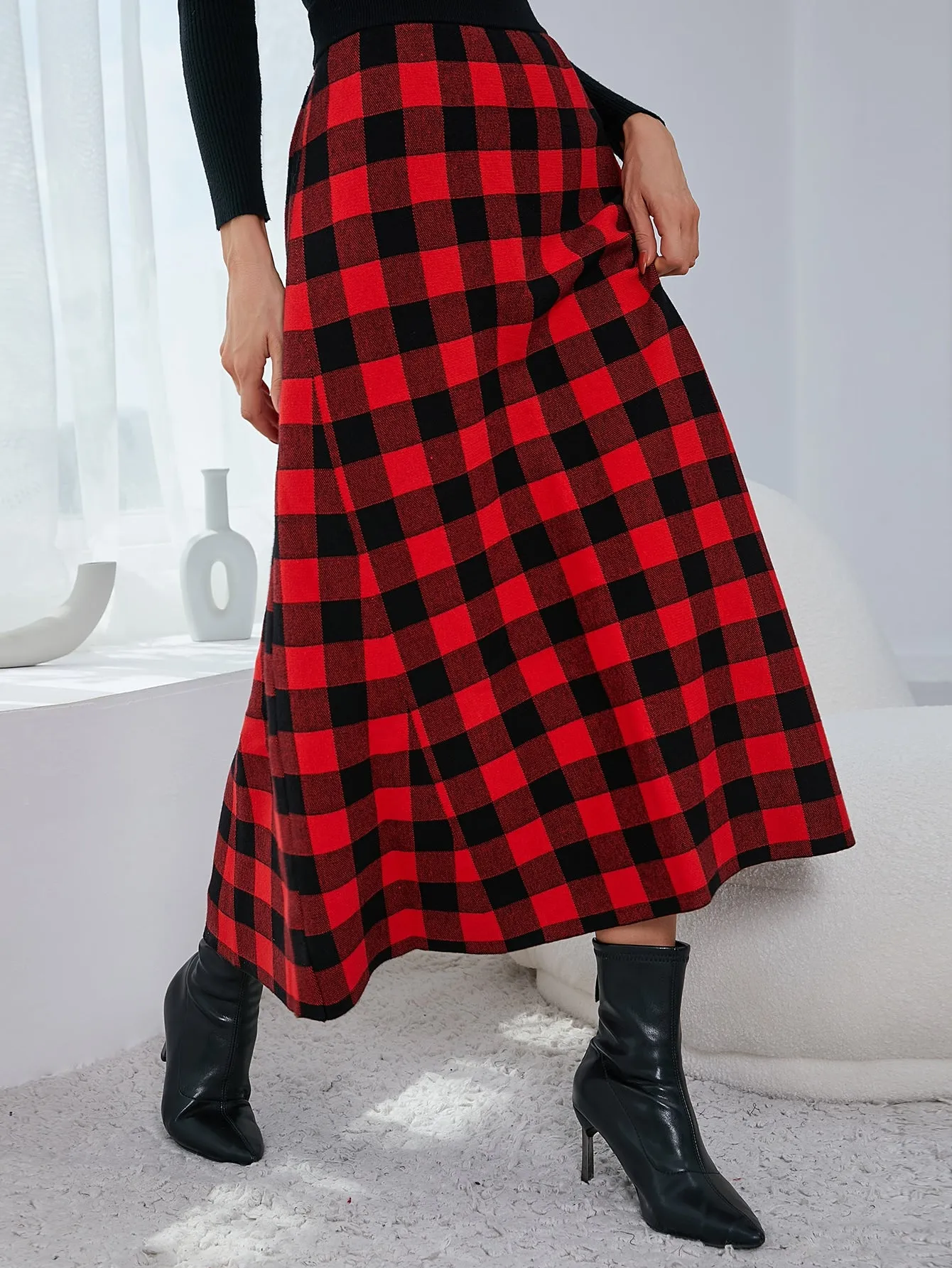 Plaid High Waist Long Women Sweater Skirt