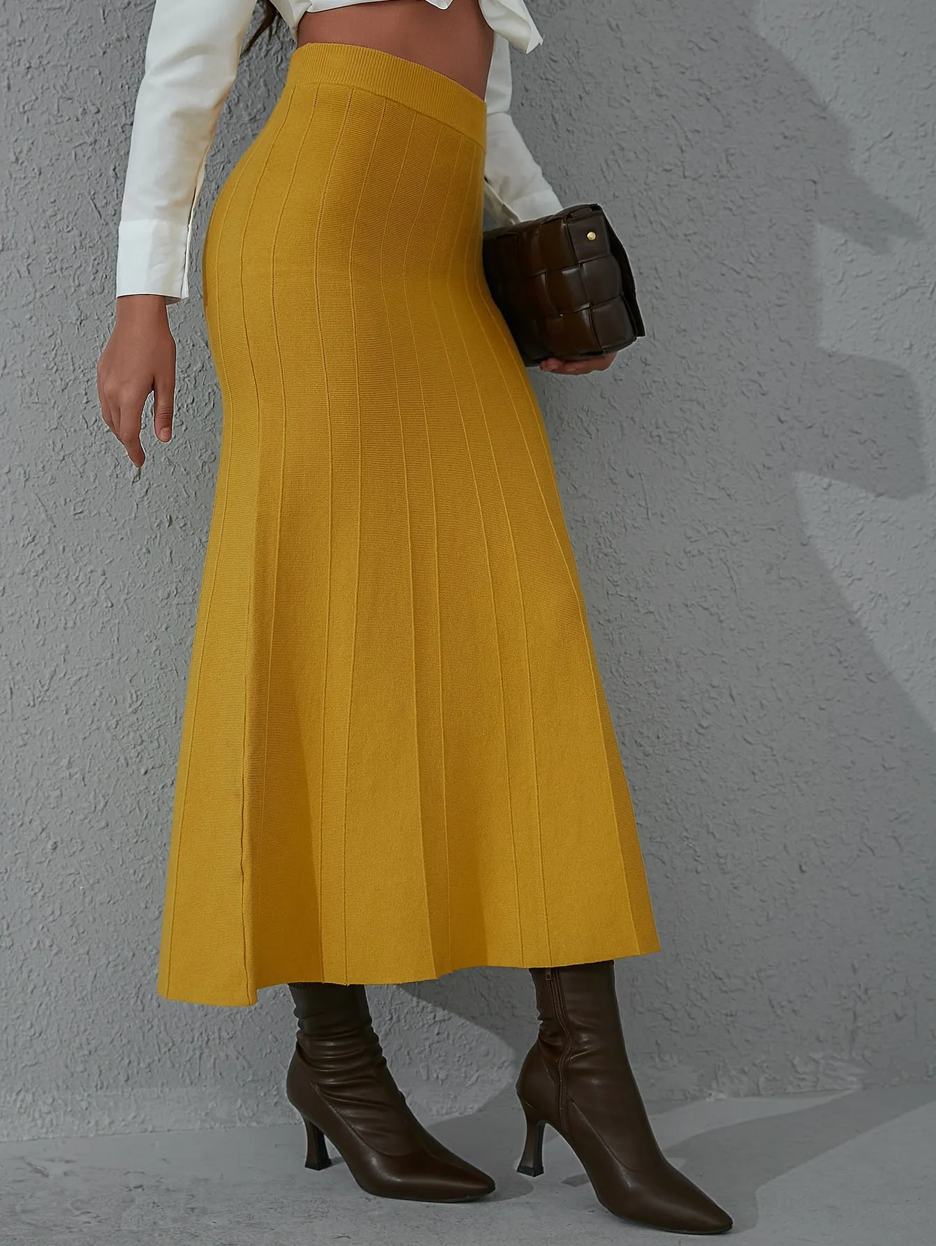 Plain High Waist Long Women Sweater Skirt