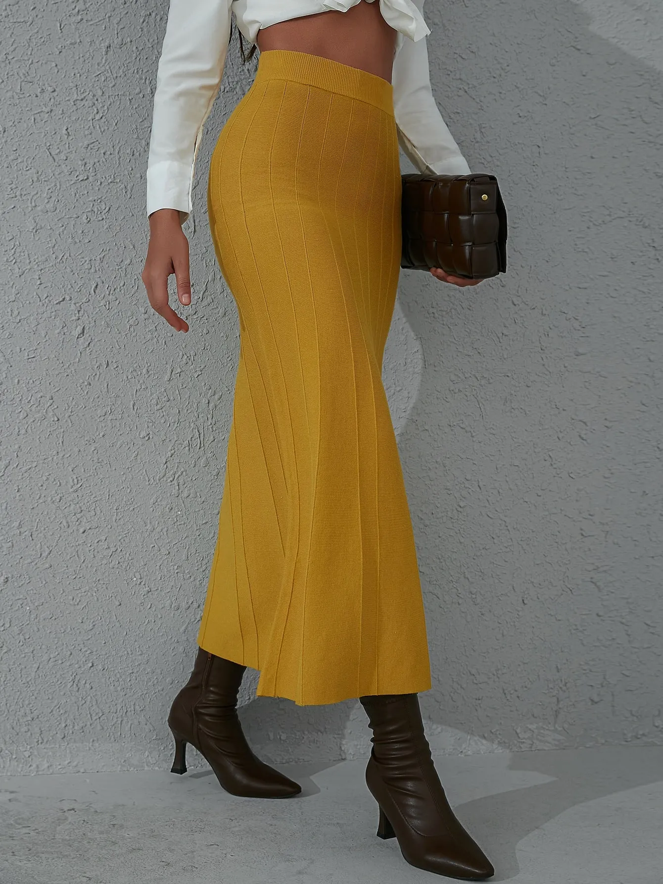 Plain High Waist Long Women Sweater Skirt