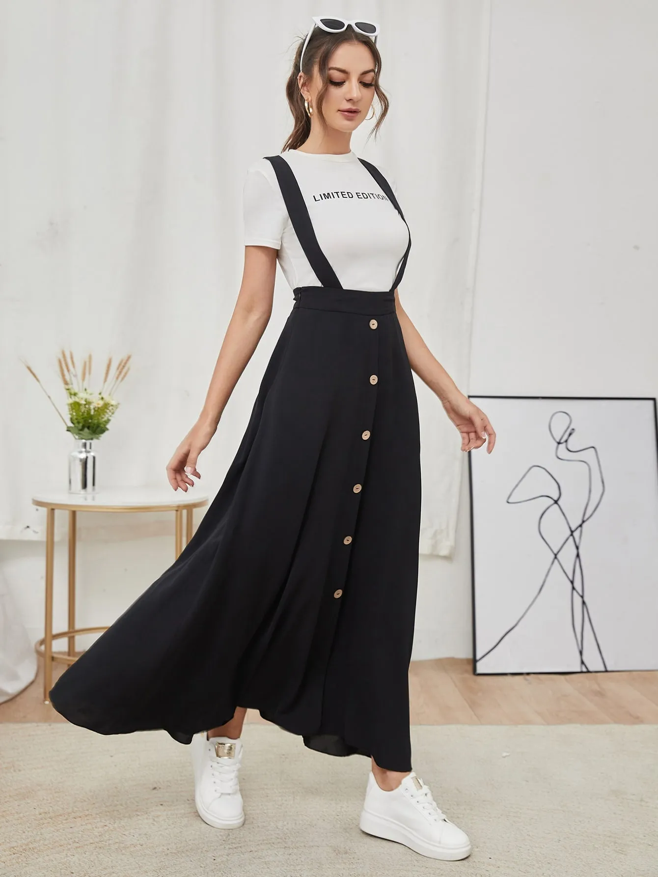 Preppy Plain Button Front High Waist Maxi Women Skirt