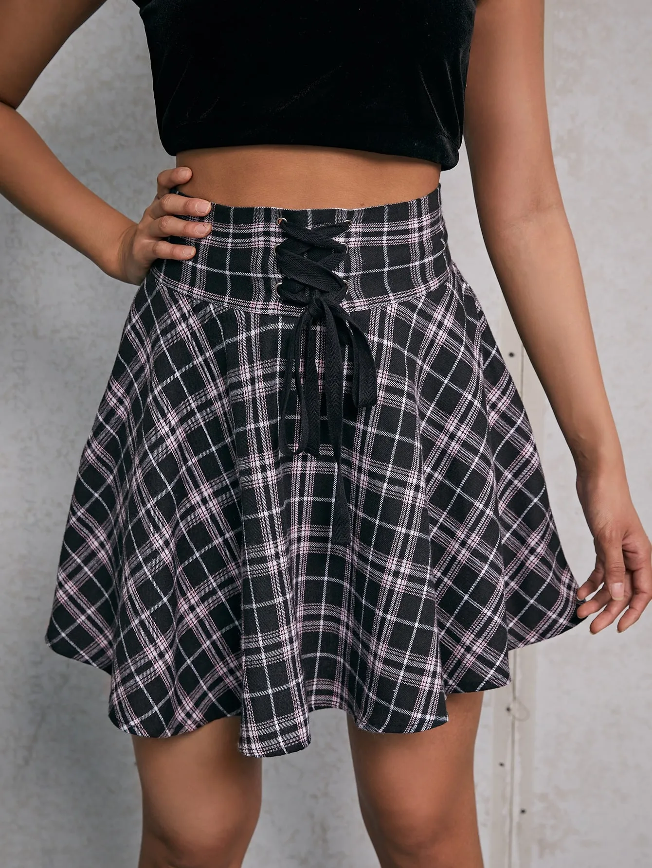 Preppy Tartan Grommet Eyelet High Waist Mini Women Skirt