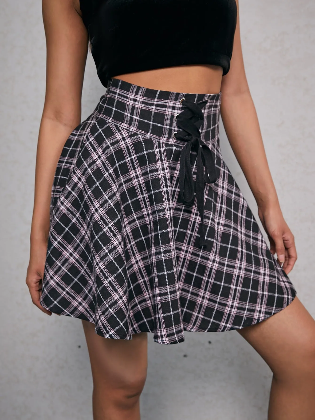 Preppy Tartan Grommet Eyelet High Waist Mini Women Skirt