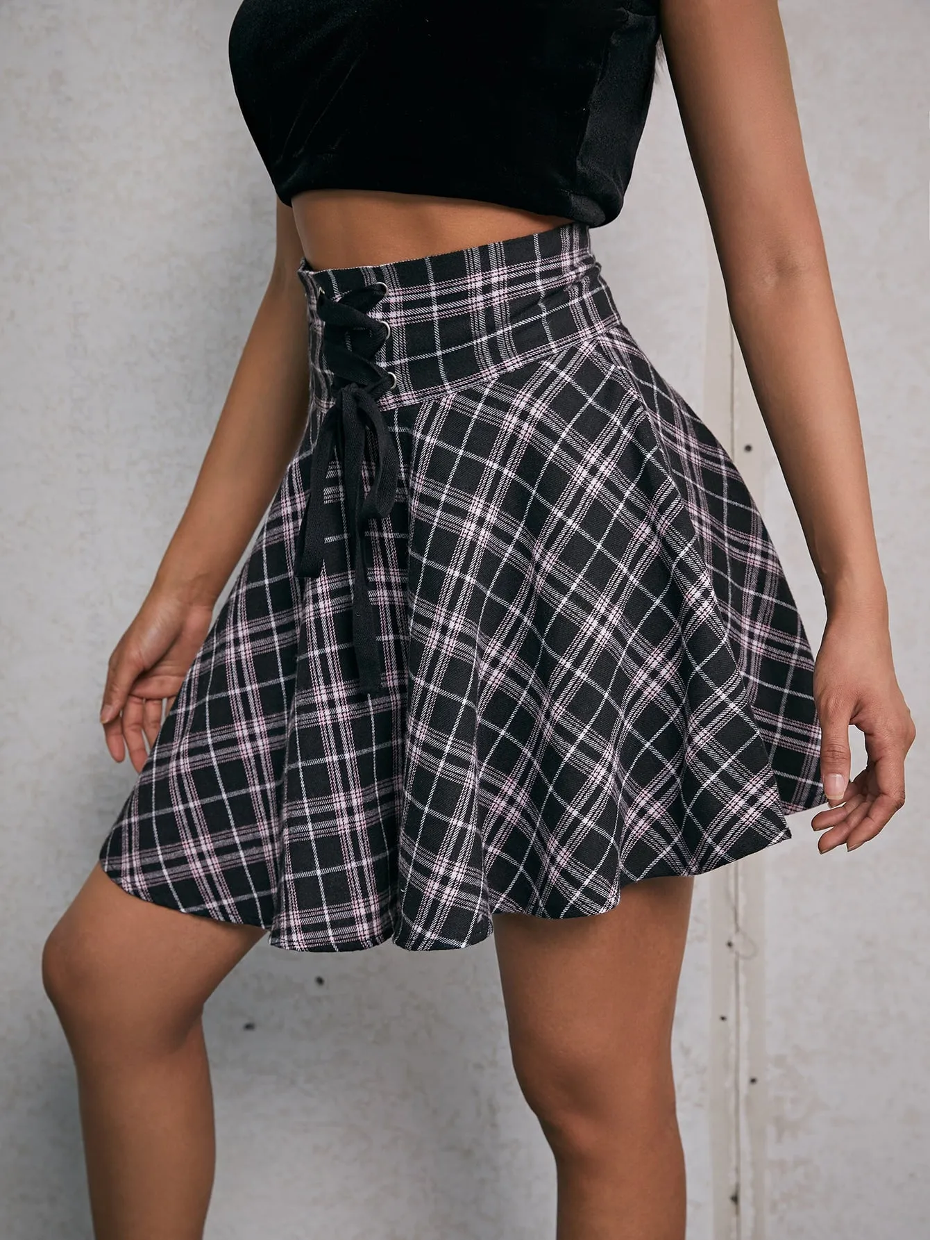 Preppy Tartan Grommet Eyelet High Waist Mini Women Skirt