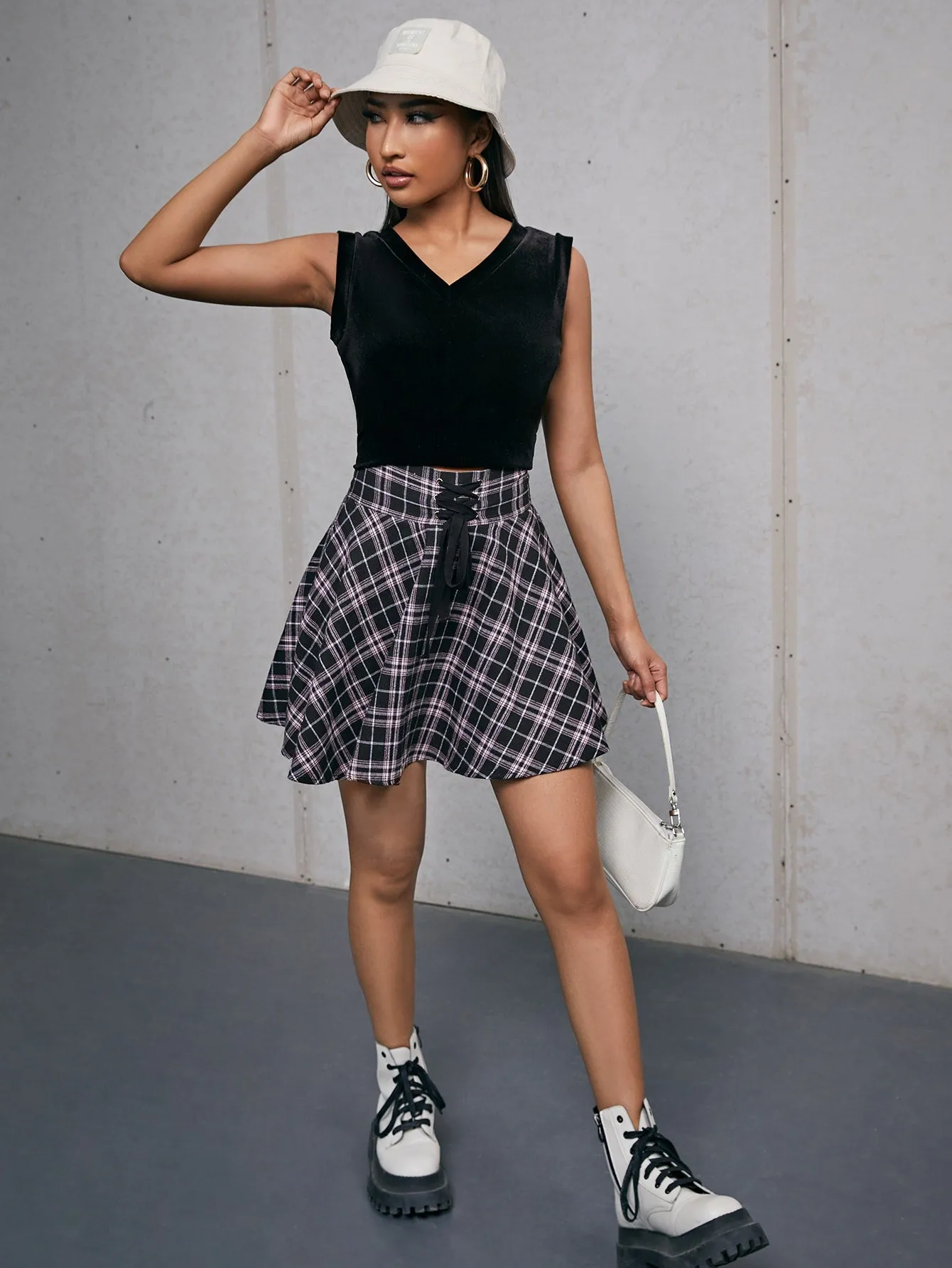 Preppy Tartan Grommet Eyelet High Waist Mini Women Skirt