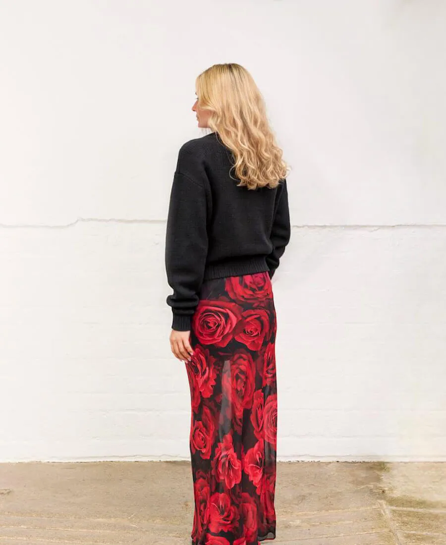 Red Rose Floral Chiffon Maxi Skirt