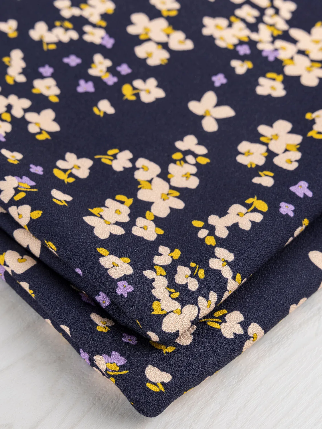 Romantic Floral Print EcoVero Viscose Crepe - Navy   Cream   Yellow   Purple - Swatch