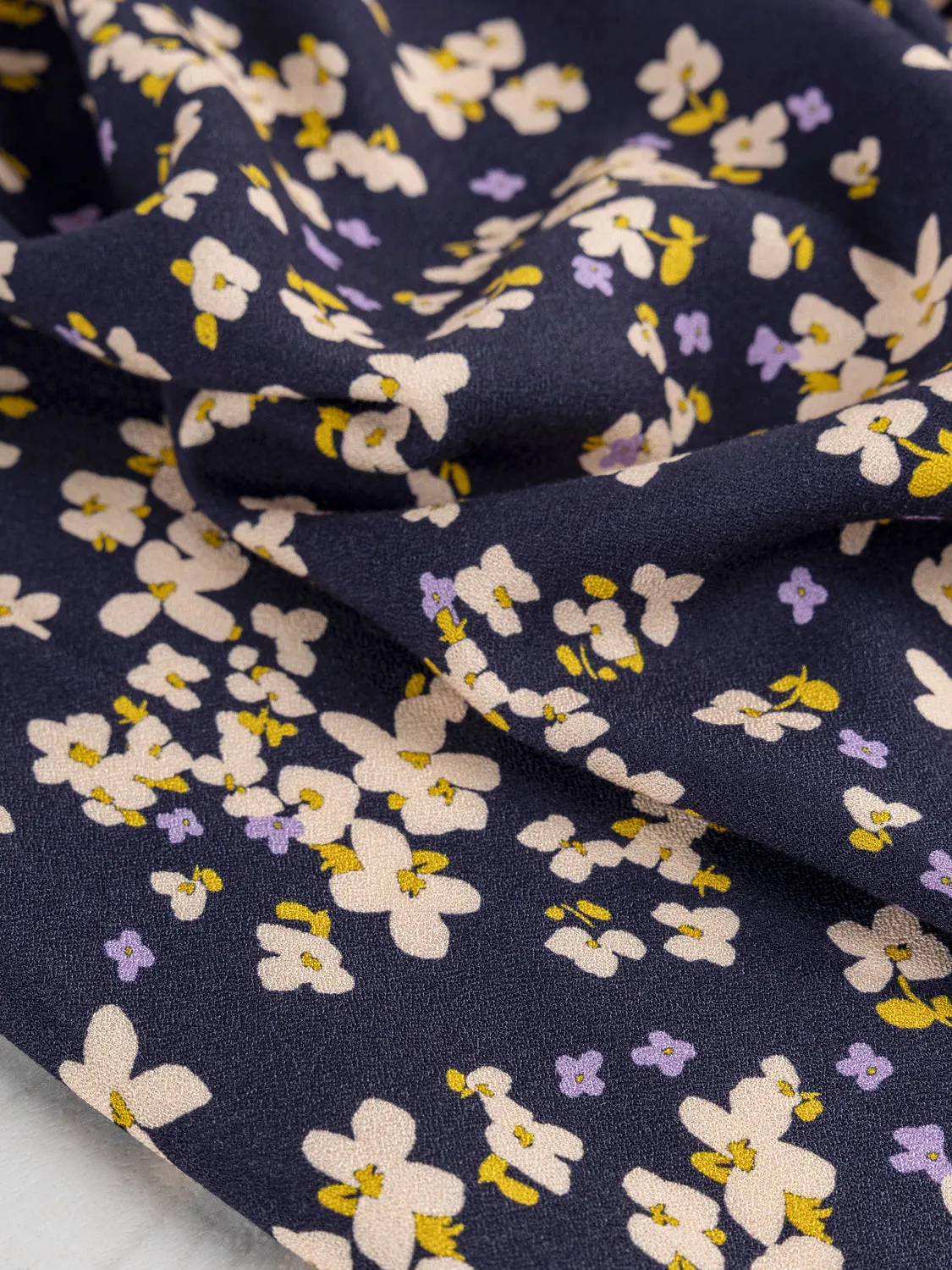 Romantic Floral Print EcoVero Viscose Crepe - Navy   Cream   Yellow   Purple - Swatch