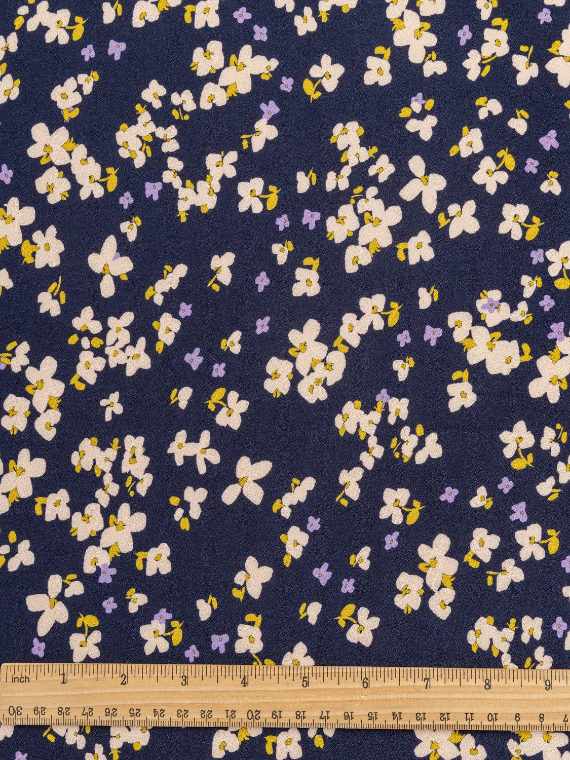 Romantic Floral Print EcoVero Viscose Crepe - Navy   Cream   Yellow   Purple - Swatch