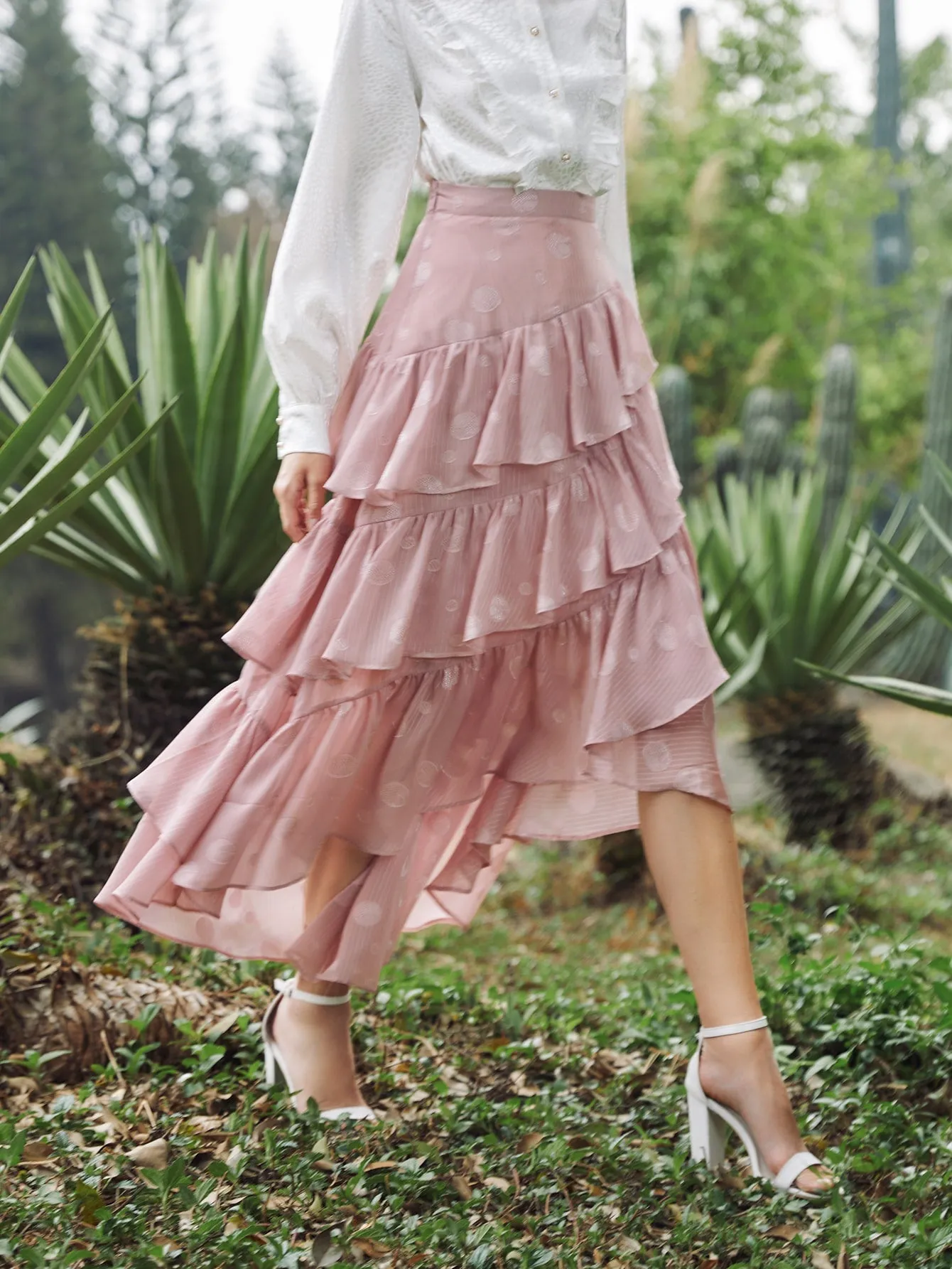 Romantic Plain Ruffle Hem High Waist Long Women Skirt