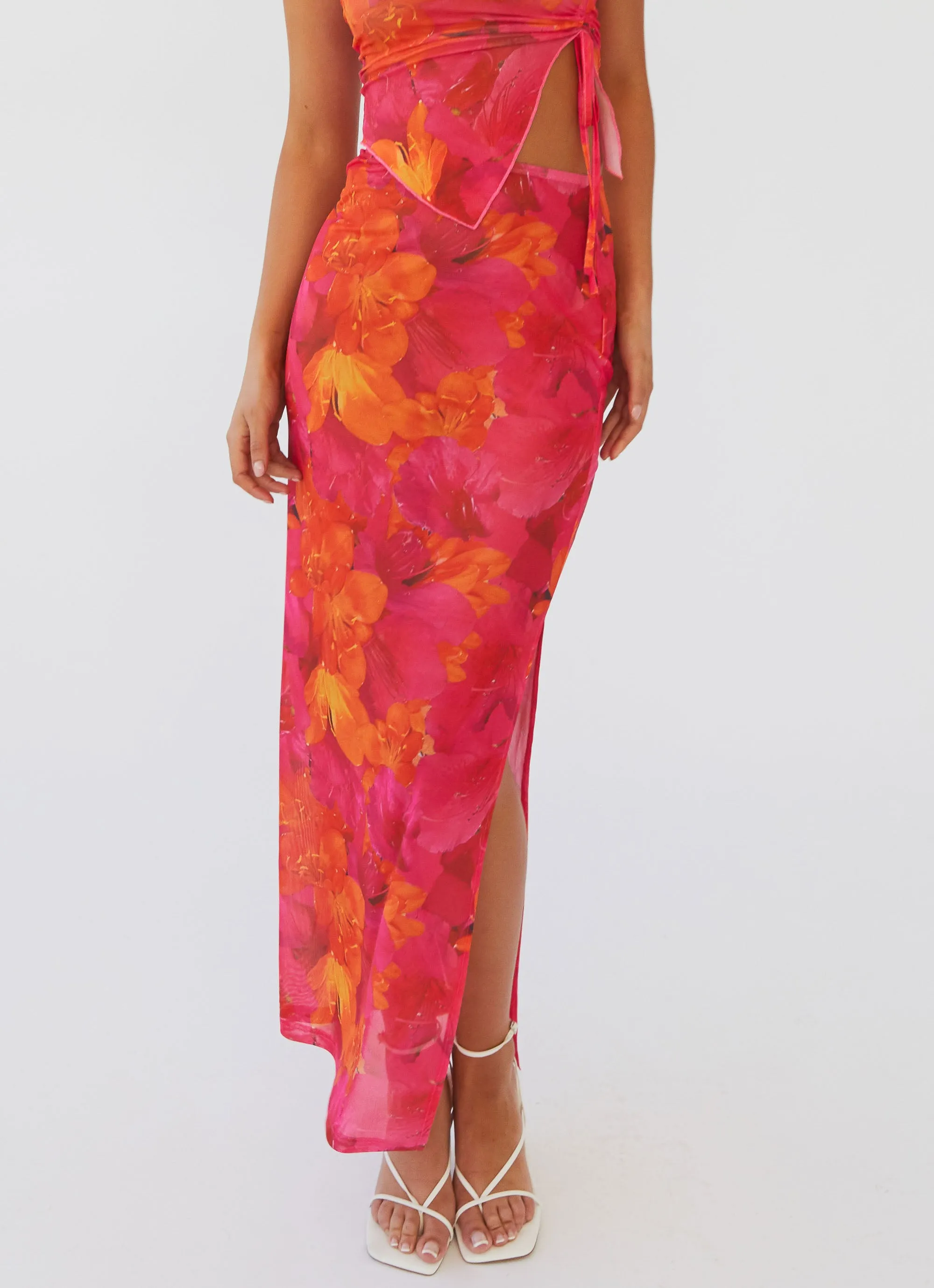 Rooftop Party Mesh Maxi Skirt - Floral Sun