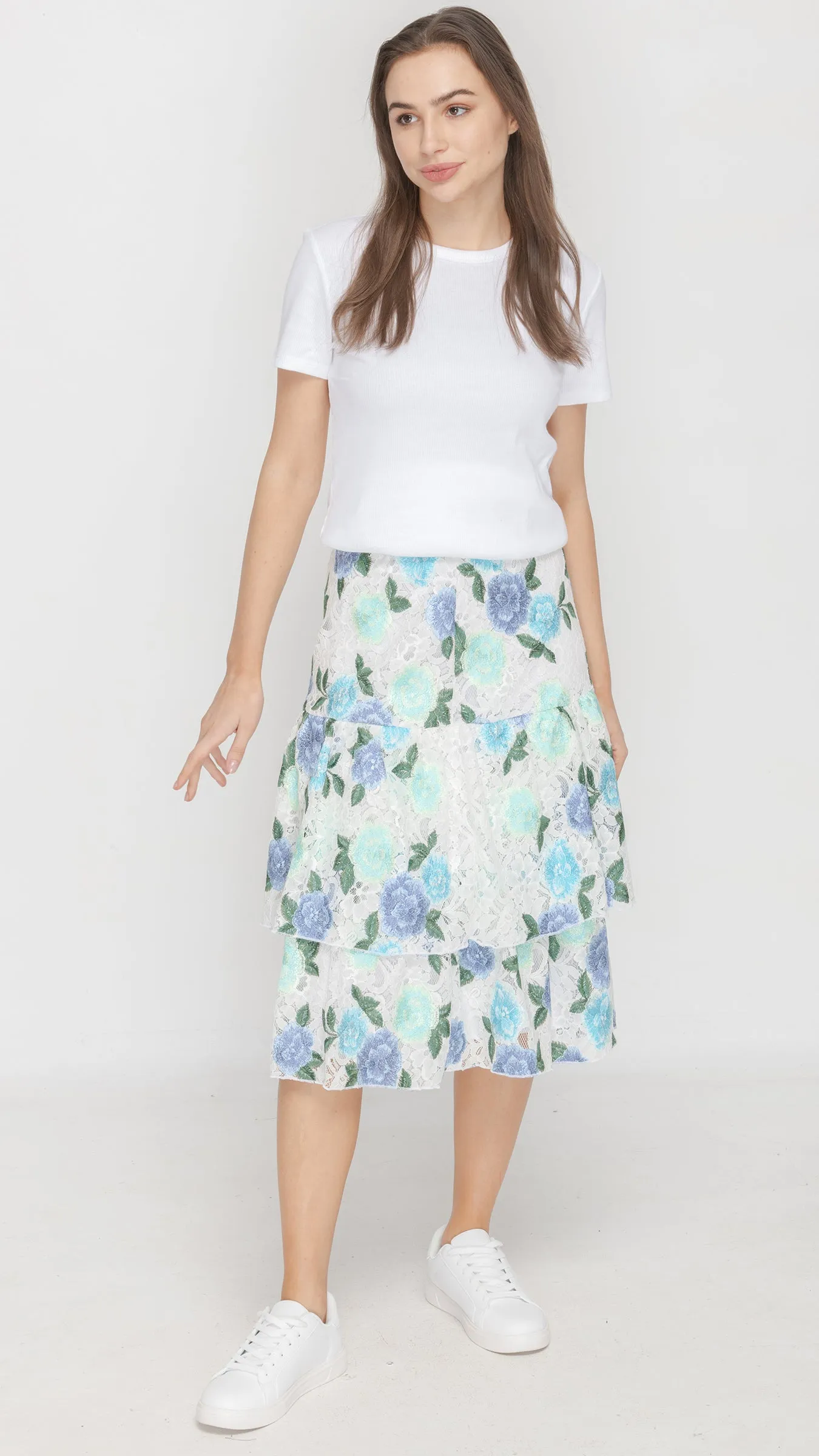 Ruffle Skirt - White Blue Floral Lace