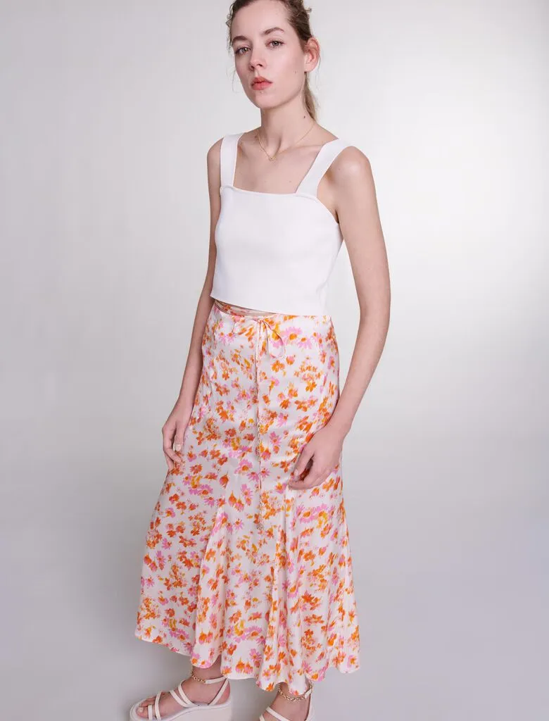 Satin-effect floral skirt