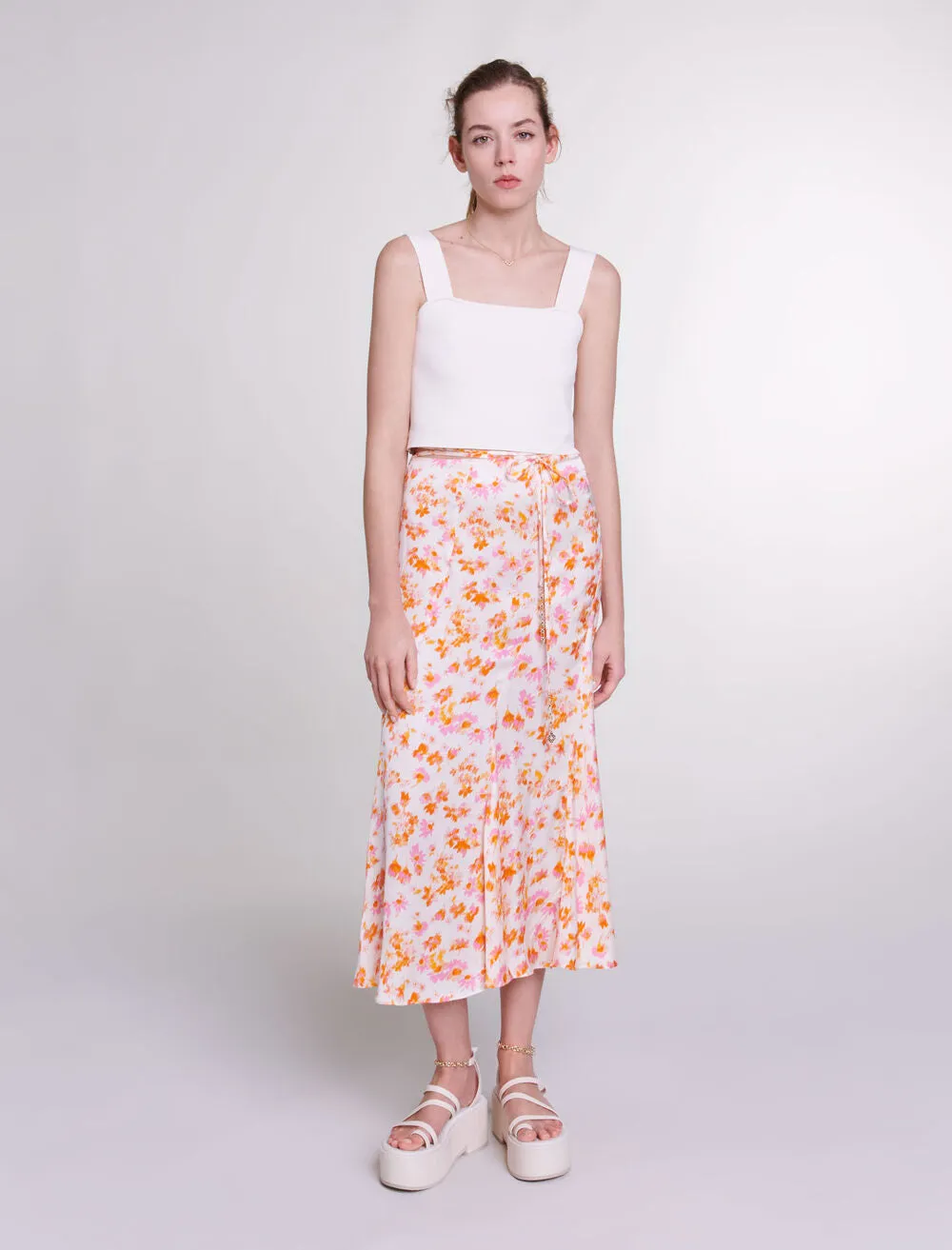 Satin-effect floral skirt