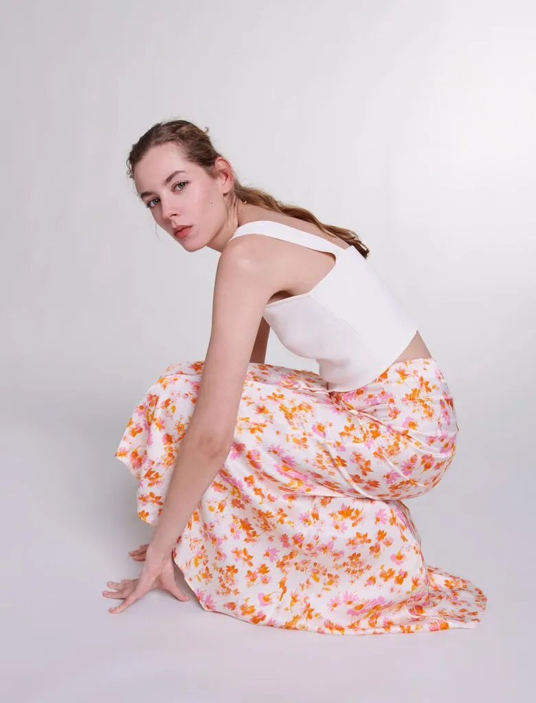 Satin-effect floral skirt