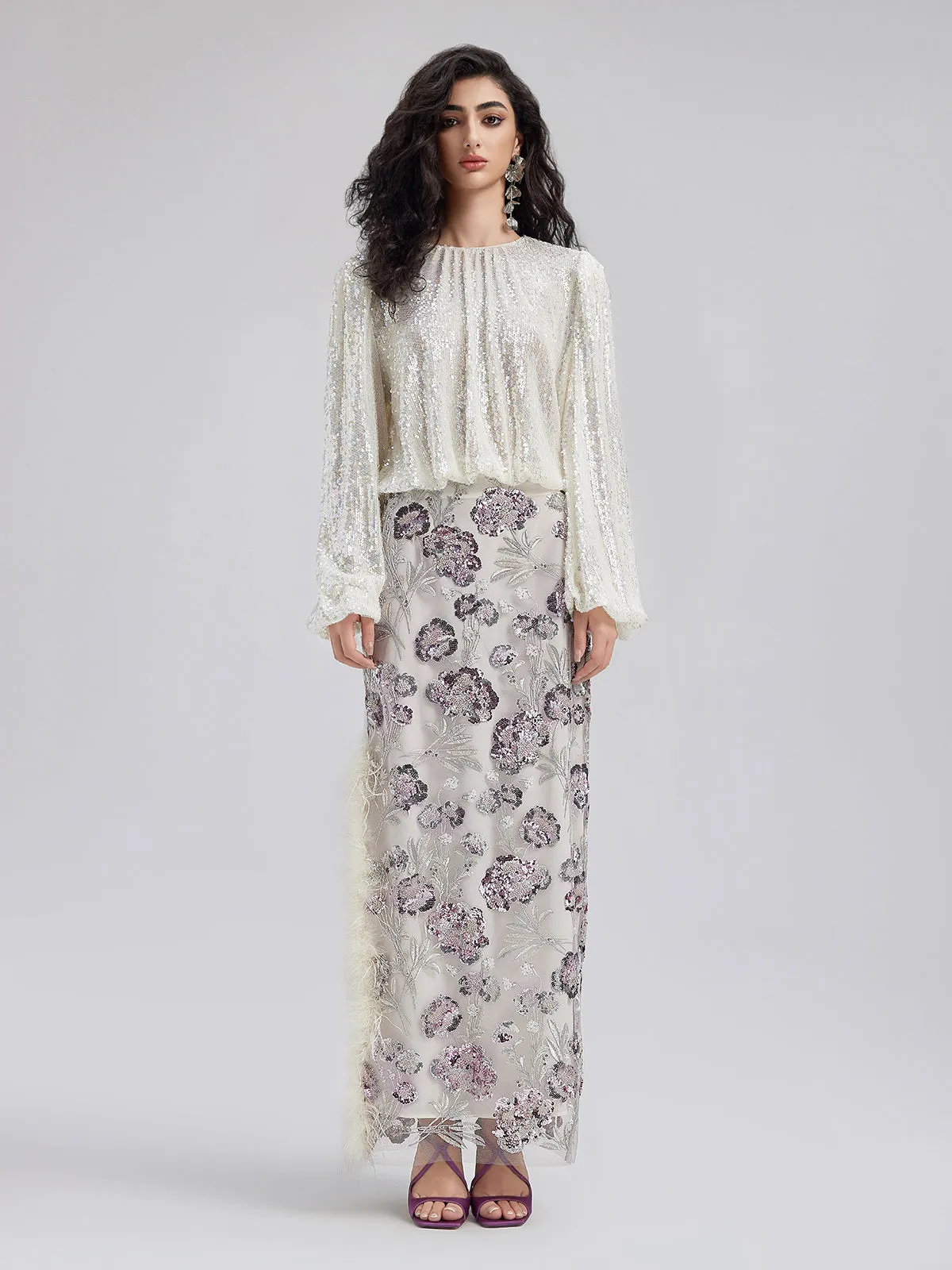 Sequin Feathered Neo Chinese Style Skirt