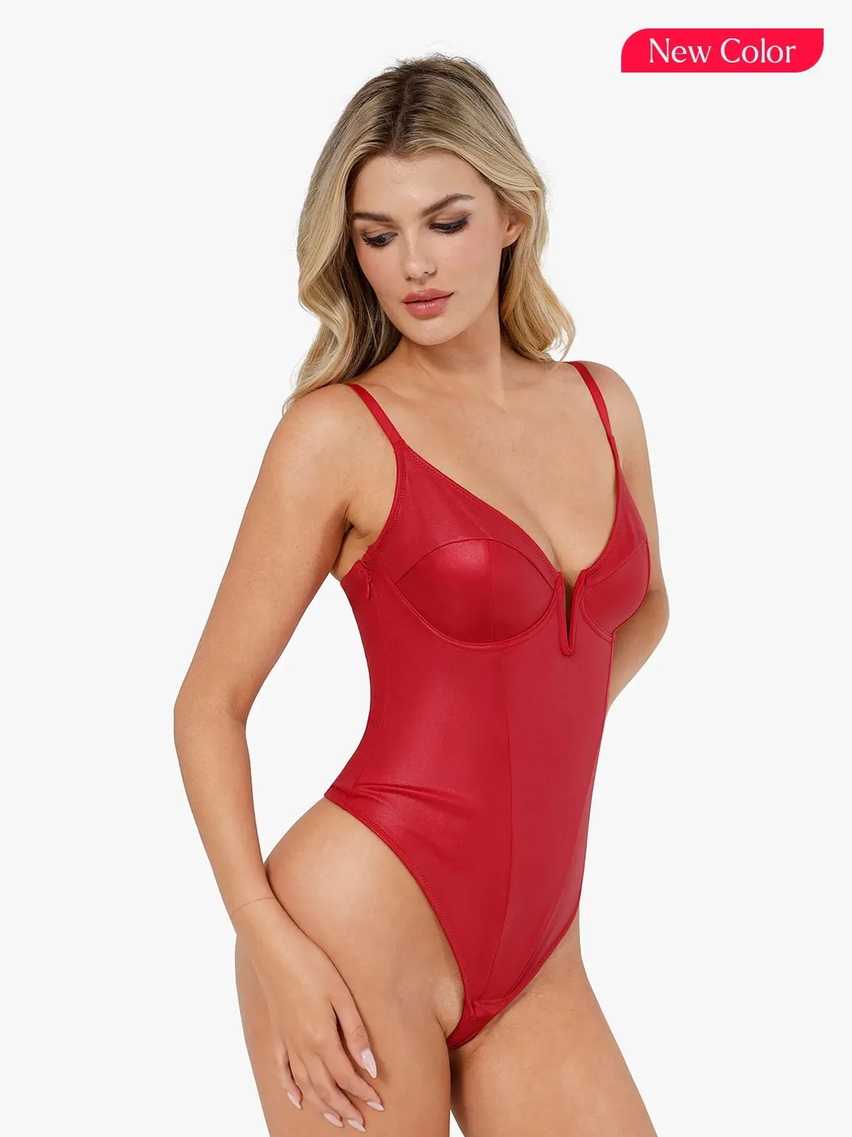 Shapewear Faux Leather Plunging V Sculpting Corset Bodysuit