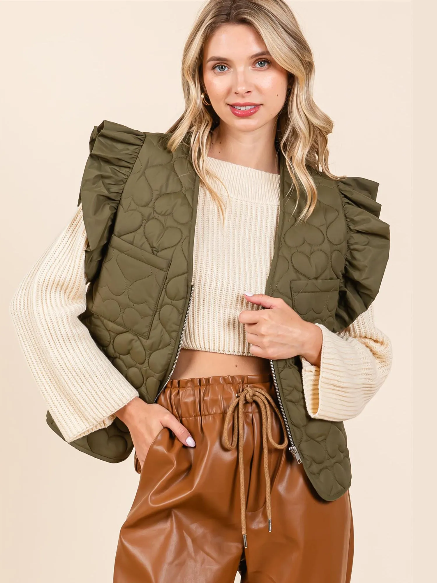 Short Sleeves Flutter Sleeve Quilted Outerwear Vest