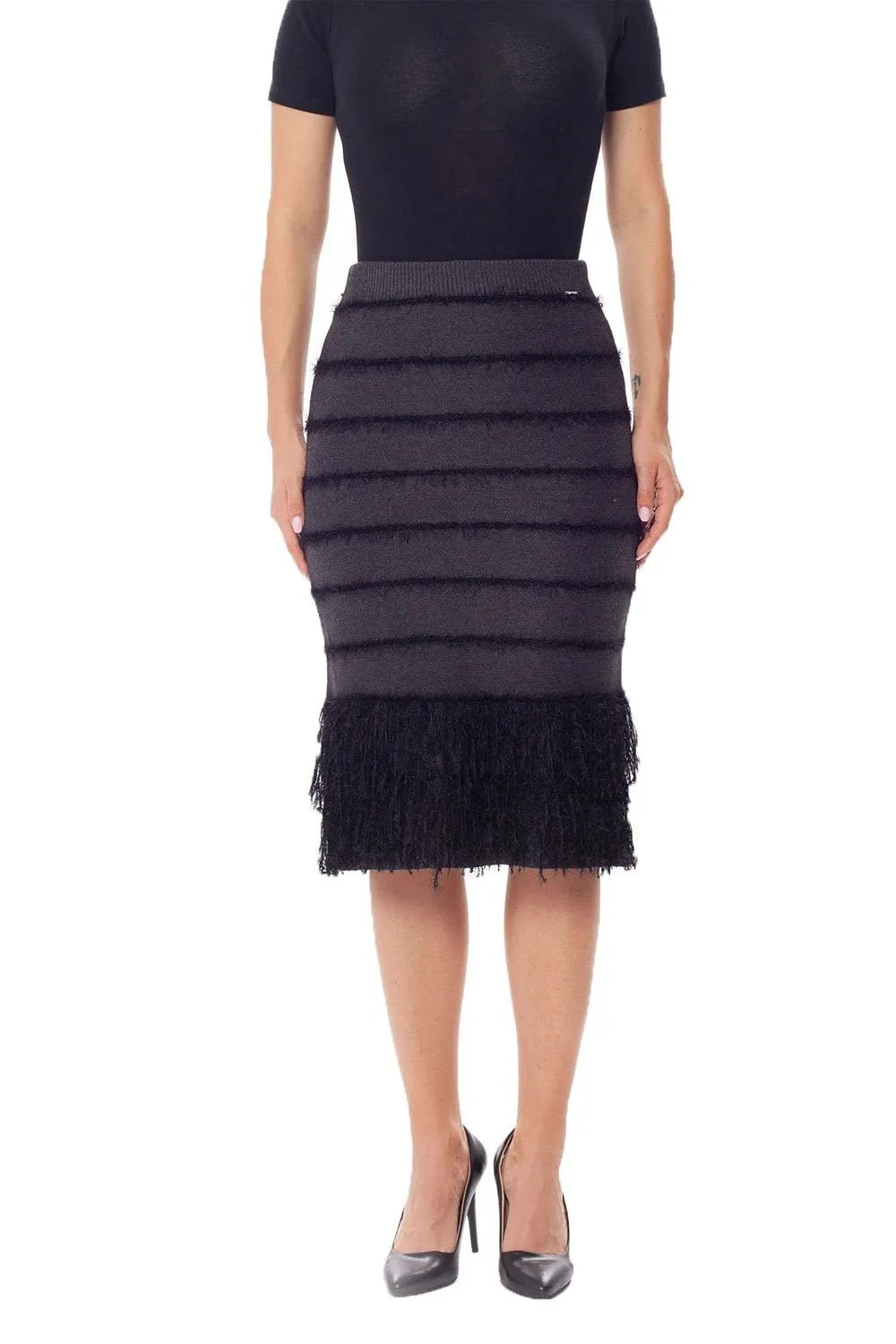 Stretchy Elastic Waist Knitted Black Pencil Skirt with Tassels