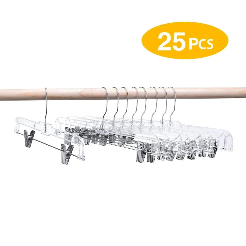 Titan Mall 25 Pcs Pack 14 inch Clear Plastic Skirt Hangers with Clips, Skirt Hangers, Clip Hangers for Pants, Bulk Plastic Hangers