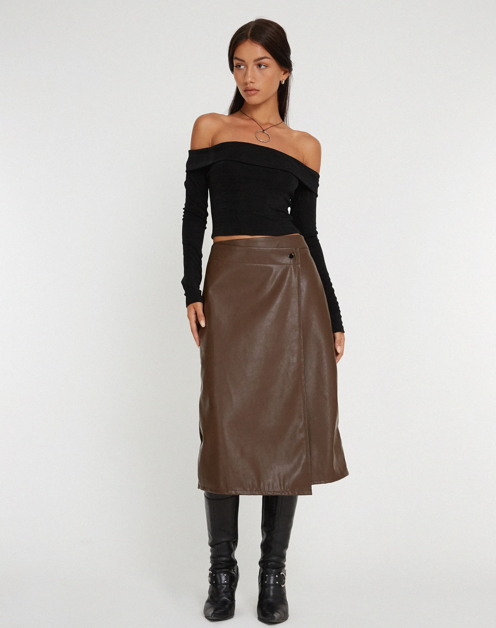 Utari Midi Skirt in PU Brown