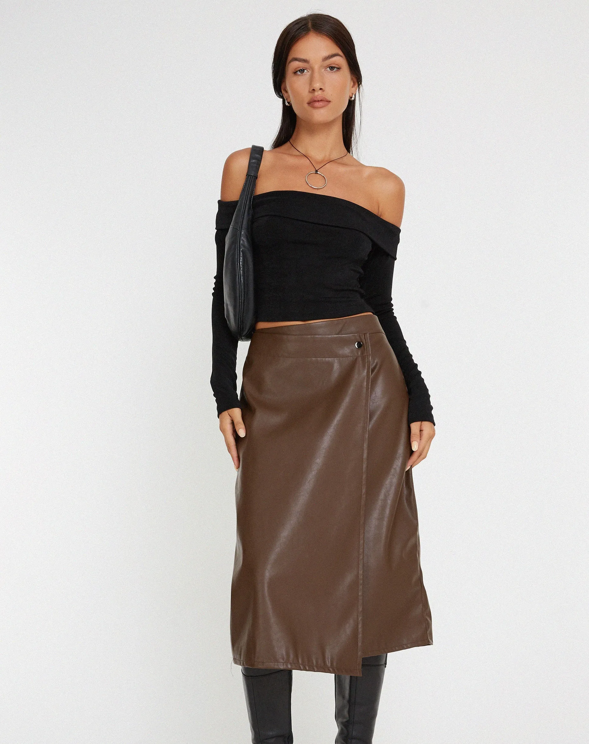 Utari Midi Skirt in PU Brown