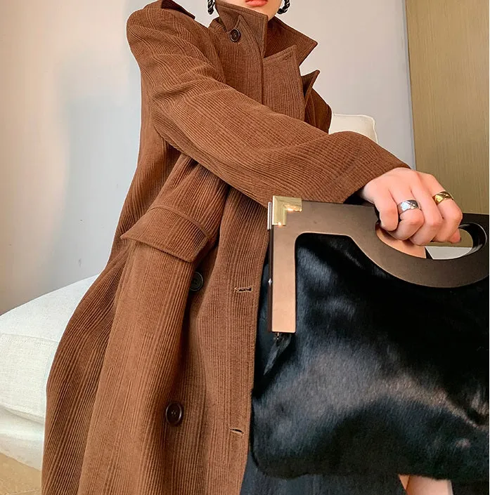 WANXO coffee color stand collar corduroy coat new loose medium and long woolen coat- Sala