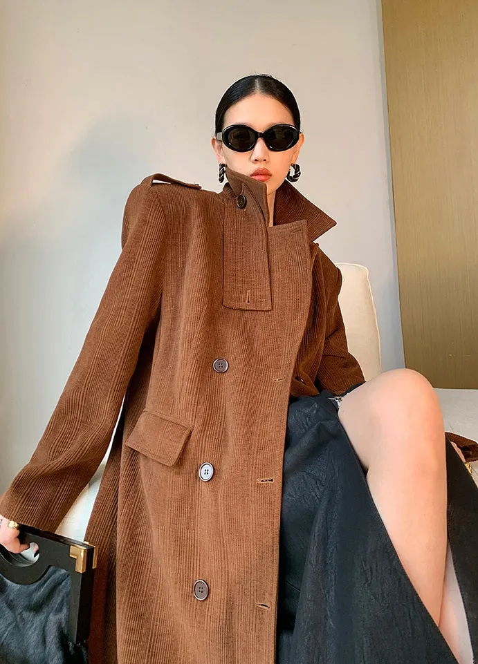 WANXO coffee color stand collar corduroy coat new loose medium and long woolen coat- Sala