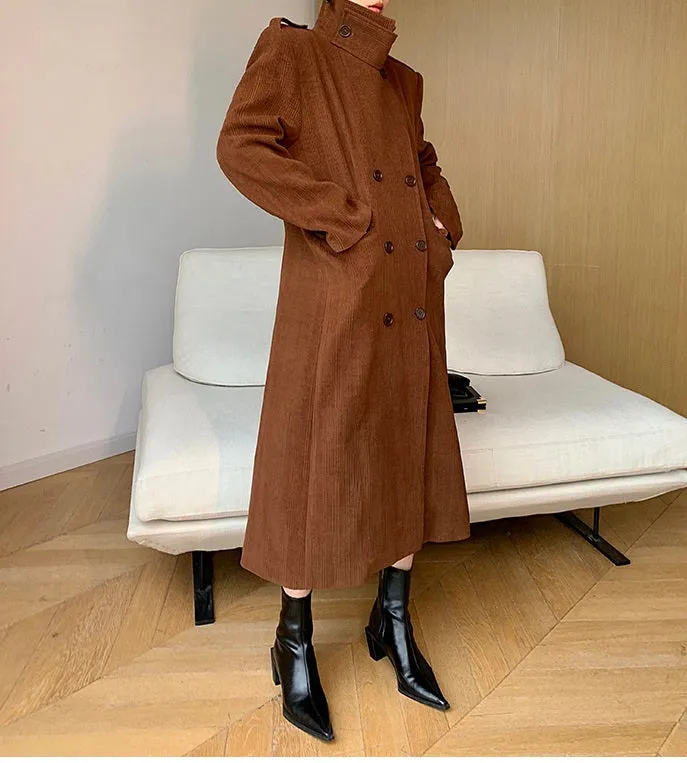 WANXO coffee color stand collar corduroy coat new loose medium and long woolen coat- Sala