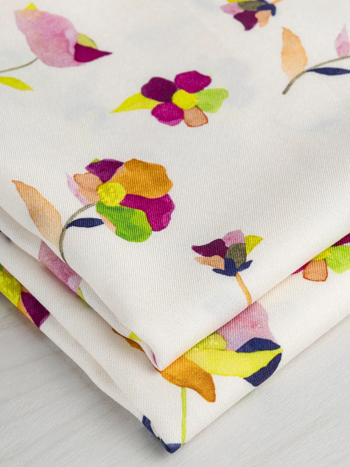 Watercolour Floral Print Viscose Twill - Cream   Magenta   Orange   Blue - Swatch