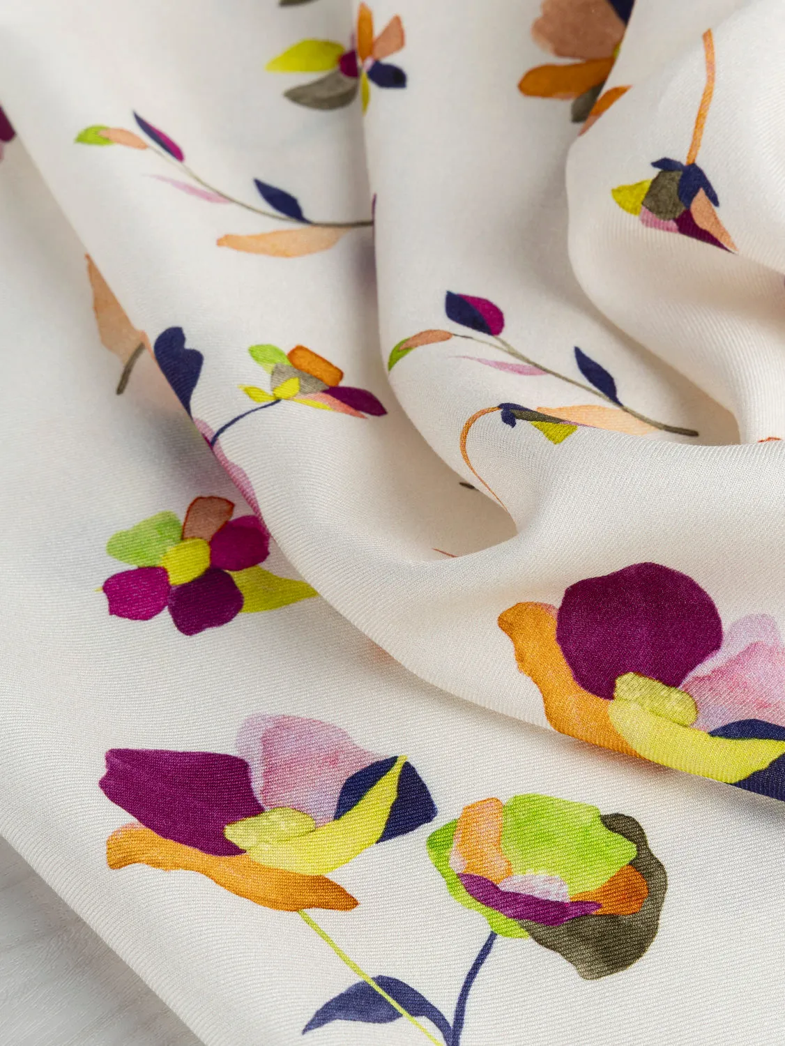 Watercolour Floral Print Viscose Twill - Cream   Magenta   Orange   Blue - Swatch