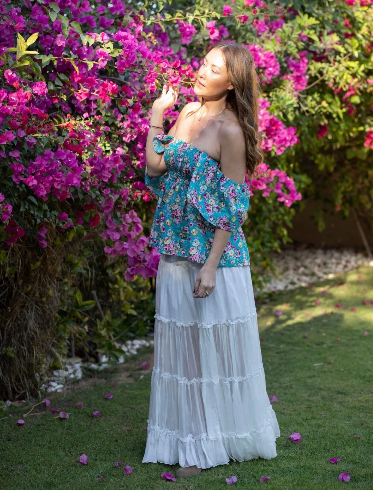 White silk/chiffon tiered maxi skirt