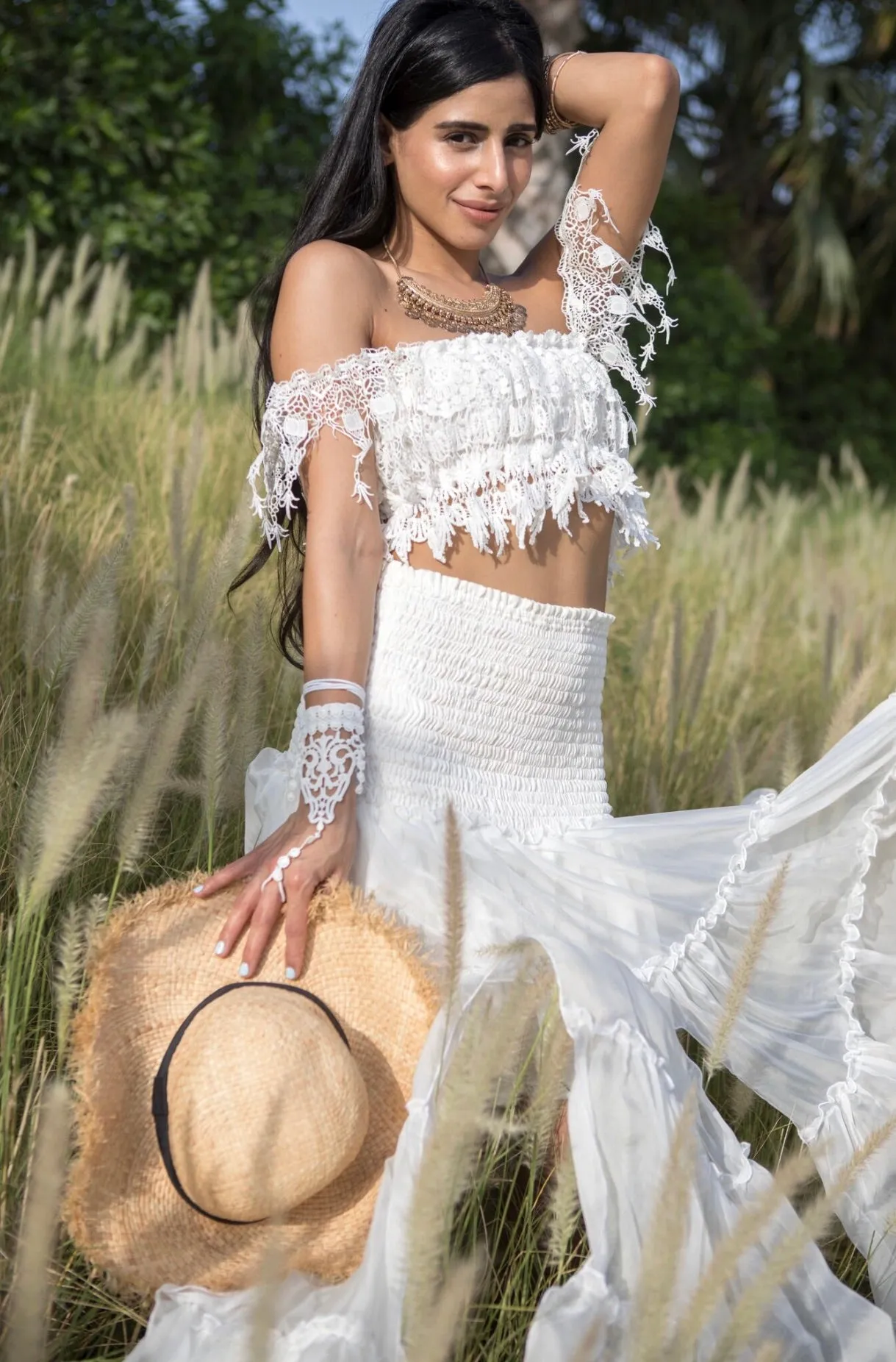 White silk/chiffon tiered maxi skirt