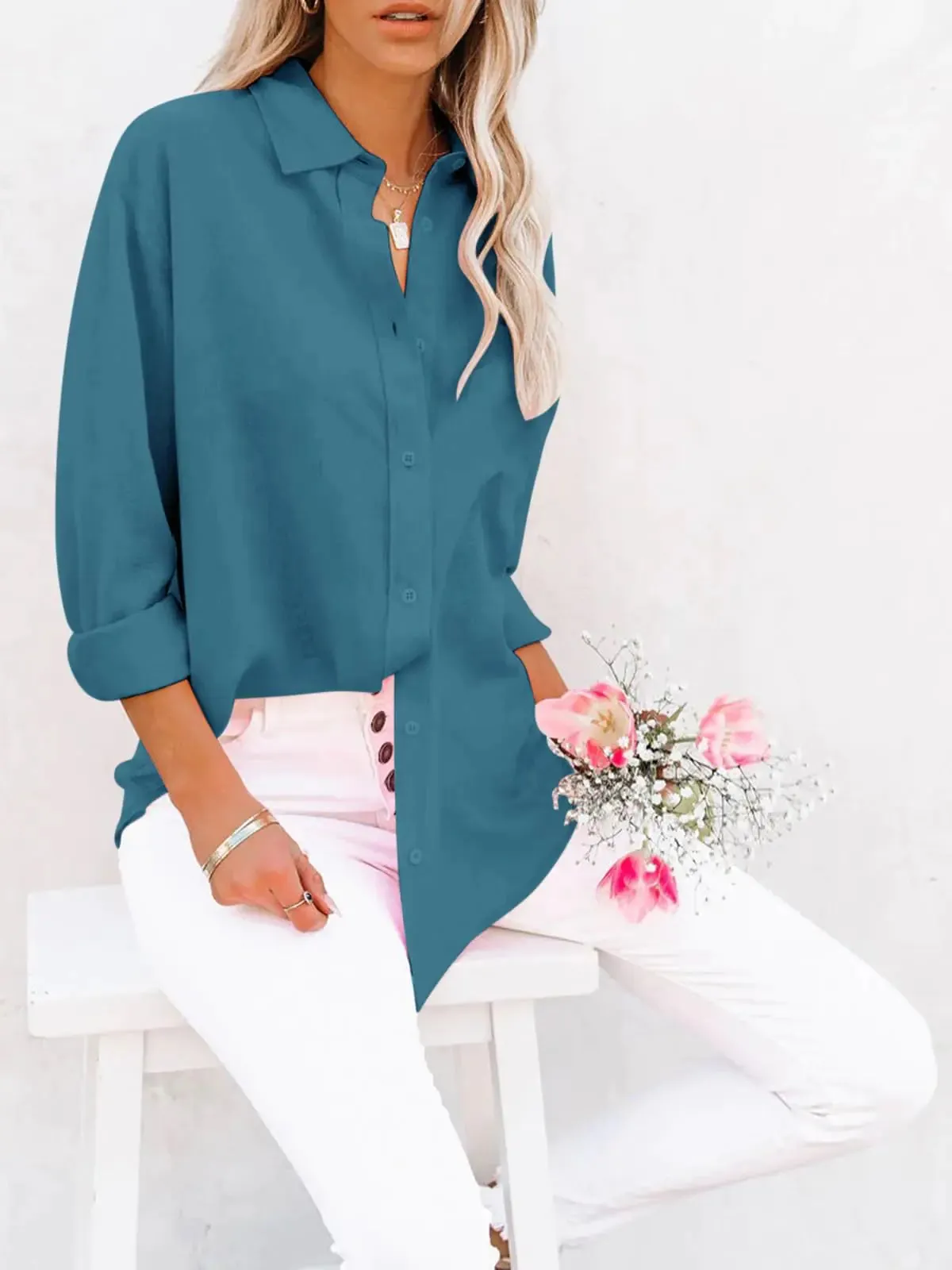 Women's Button Down V-Neck Tunic