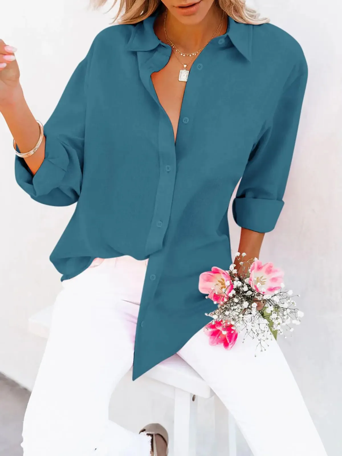 Women's Button Down V-Neck Tunic