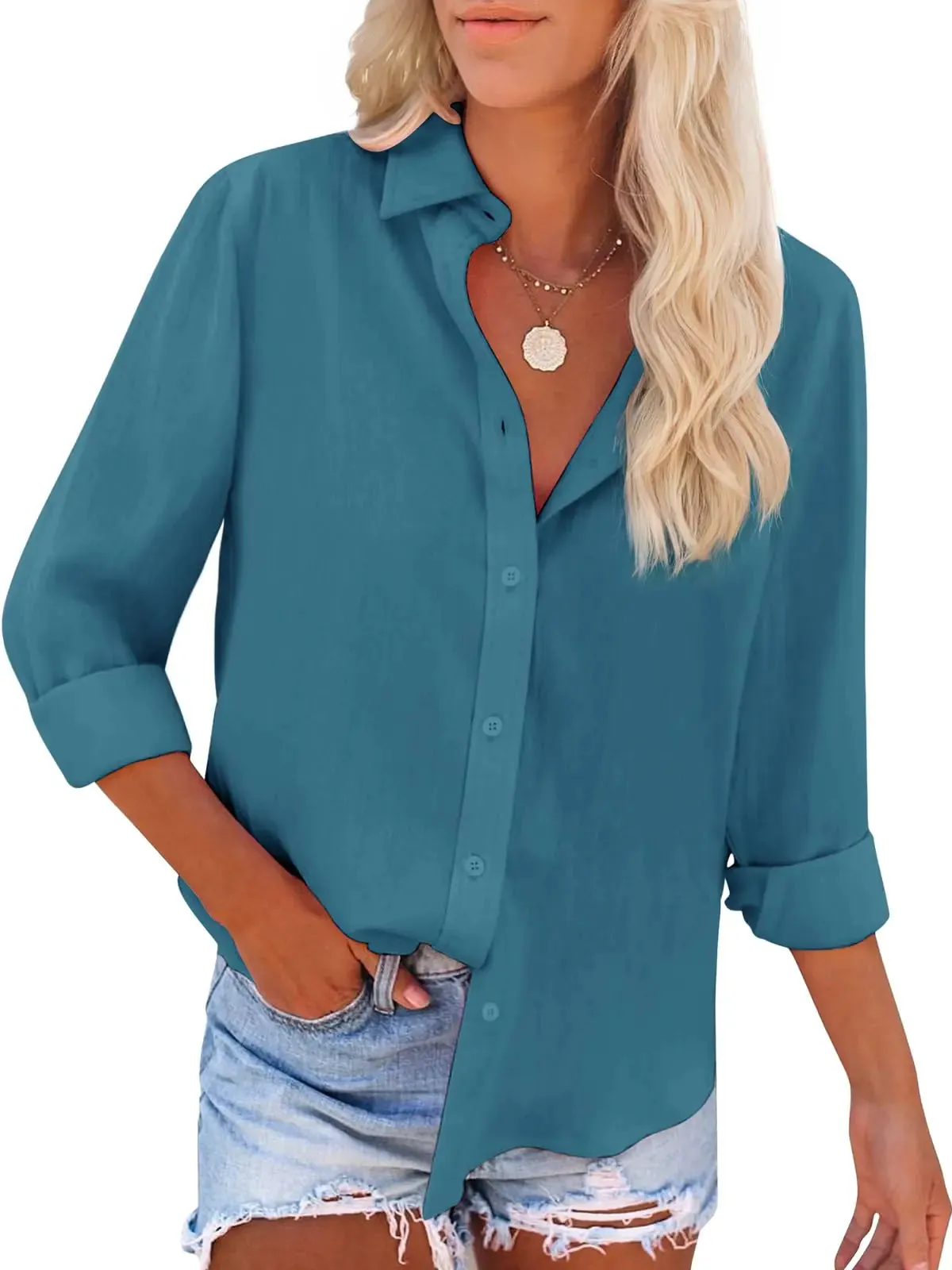 Women's Button Down V-Neck Tunic